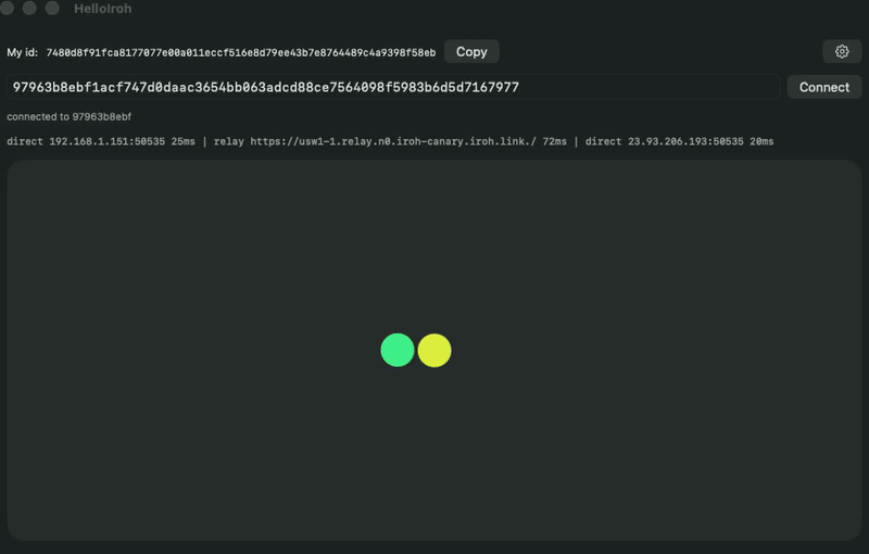 The accelerometer demo connected to a peer, showing both dots and the connection's live network paths